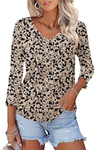 Rapbin Women's 3/4 Sleeve Tunic Tops for Ladies Blouses V Neck 2026 Summer Loose Fit Floral Shirts Casual Outfits