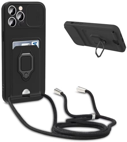 xinyunew Funda con Cuerda para Motorola Moto E20/E30/E40, Silicona Líquida Carcasa con Cordón [Ajustable Correa de Cuello Cadena] [360 Anillo función de Soporte Cubierta], Negro