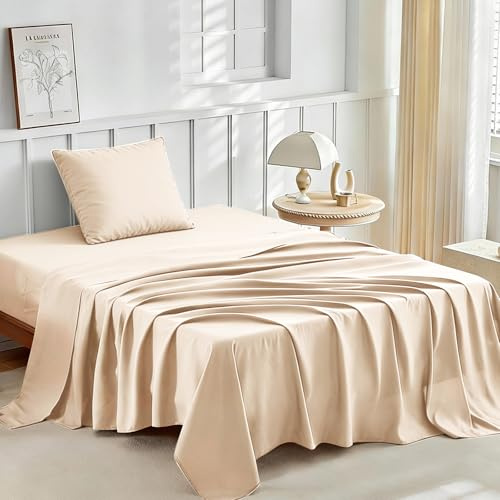 Tokokimo Parure de Lit 150x200 Complet 3 Pièces - Drap Housse 150x200 + Drap Plat 230x260 1 Personne + Taie 65x65 - Microfibre Ultra-Doux - Beige