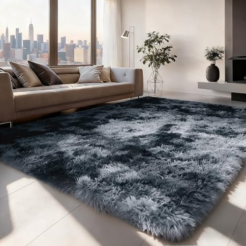 Alishomtll Rugs Living Room 200x300cm, Tie-Dye Dark Grey Area Rugs for Bedroom, Modern Anti Slip Soft Fluffy Shaggy Thick Rug, Washable Carpet Mat for Kids Room Lounge Office Floor Home Decor