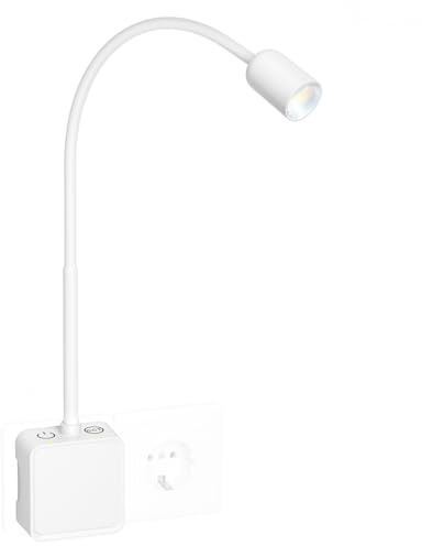PRINCEWAY Lampara de Lectura Foco LED de Aplique Mesita de Noche Pared Regulable Interior Blanca con Enchufe y Dos Interruptor Táctil, 3 Color de Iluminación, Ángulo Luz Foco 50°