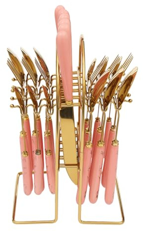 24 Piece Cutlery Set Gold Trim Stainless Steel 420 Dishwasher Safe Service for 6 Modern Black Handles Ceramic Stand Hygienic Storage for Dinner Party Wedding Gift UK Homes (Gold+Pink)