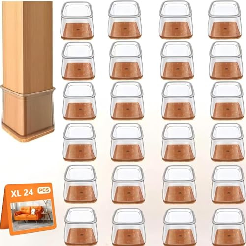Lot de 24 capuchons de protection pour pieds de chaise - En silicone transparent - Avec feutre - Petits patins en feutre pour sols en bois, stratifiés et sols carrelés (carrés, XL, convient : 38 à 55