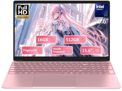 15.6 FHD Student Laptop Pink,16GB DDR4 RAM 512GB PCIe SSD,Portable Laptop Computer with Backlit Keyboard,180 ° Angle Opening,Fingerprint Reader,6000mAh Battery,Webcam,WiFi 5,BT 4.2,HDMI,USB 3.0