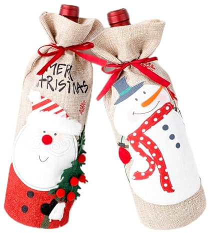 COMNICO Weihnachts-Jute-Weinflaschen-Geschenktaschen 2 Stück Weihnachts-Weinflaschen-Taschen Schützende Jute-Geschenktüten mit Kordelzug Geschenke für Party Weihnachtsdekoration
