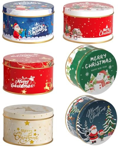 Abbdbd 6pcs Christmas Tin Box Round Candy Jars Metal Xmas Cookie Tin Can Tinplate Retro Tins Storage Containers for Cookies, Spices, Tea, Candies, Cakes
