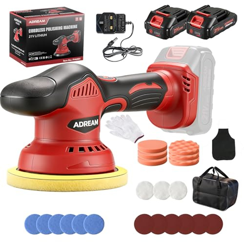 Pulidora inalámbrica para automóvil, pulidora de coche de 6 pulgadas con 2 baterías de litio de 21 V y 2000 mAh, 6 amortiguadores de velocidad variable con 24 accesorios para detalles/pulido/encerado