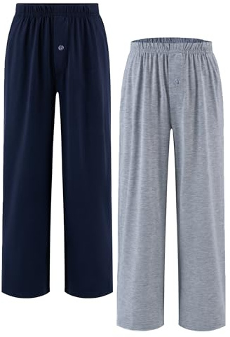 Arshiner Pojke Pyjamasbyxor 2-pack mjuka och bekväma med knappar fram enfärgad ledig lång med 2 fickor pyjamasbyxor för pojkar 7–15 år, Marinblå och grå, 7-8 anni