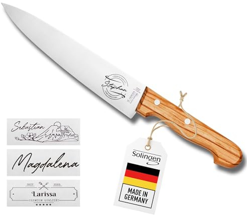 LOOXIS Personalisiertes Kochmesser mit Namen graviert – Made in Germany, Olivenholz-Griff, 20 cm Klinge, rostfrei, Spezialstahl – extra scharfes Schneidemesser, Küchenmesser, Chefmesser