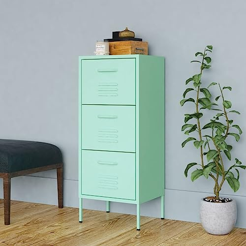 Owoxanthellate Armadio in acciaio verde menta 42,5 × 35 × 101,5 cm, 3 cassetti a sfera, piedini regolabili in altezza, armadietto da giardino/armadietto per la pulizia, corridoio, officina, balcone