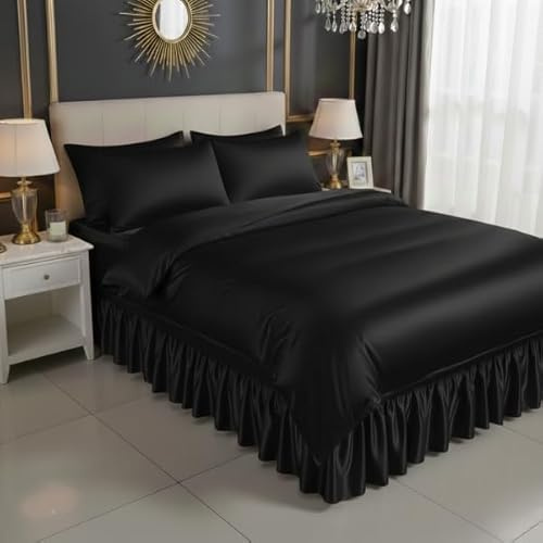 Luxury 4 PCS Satin Valance Sheet Set with Duvet Cover & 2 Matching Pillowcases | Smooth Satin Bed Skirt Fitted Sheet | Hotel Style Bedding Set | Single Double King Super King (BLACK, KING)