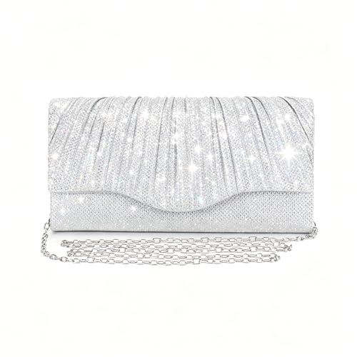 KbouZgxa Clutch Silber, Clutch Damen, Handtasche Silbern, Mit Abnehmbarer Metallkette, Elegante Abendtasche Silber für Hochzeiten, Geburtstage, Bankette, Cocktail Partys