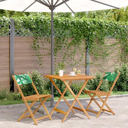 Mokuyary 3-delat bistro-set bladmönster tyg och massivt trä utomhus A | Bord och 2 stolar sittgrupp, trädgårdsmöbelset, balkongmöbler utomhus möbelset för terrass, trädgård, balkong