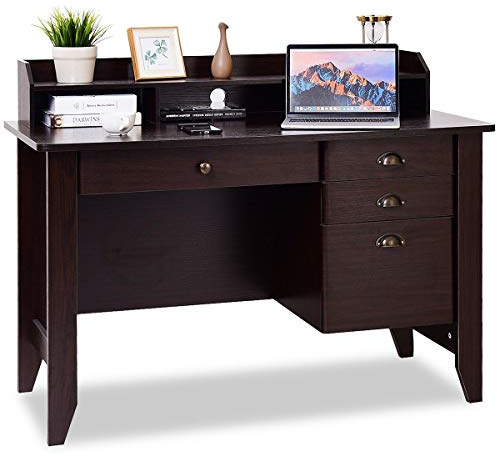 Tangkula Computer Desk with 4 Storage Drawers & Hutch, Home Office Desk Vintage Desk with Storage Shelves, Wooden Executive Desk Writing Study Desk (Brown)