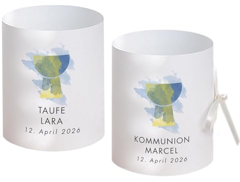 Tischdeko für Taufe, Kommunion, Konfirmation | Transparenthülle mit Kelch Aquarell blau/grün | Set ab 8 Stück