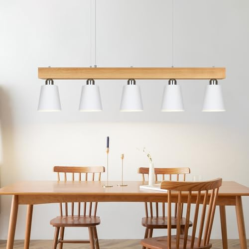 ZMH Pendelleuchte Esstisch Hängelampe Weiß - Esstischlampe Esszimmer Pendellampe Holz Modern Hängeleuchte E27 Küche 5 Flammig Weiß Esszimmerlampe für Flur Hotel Wohnzimmer (ohne Leuchtmittel) | Metall Hängeleuchte Hängelampe retro E27 Leuchtmittel für Esszimmer Weiß