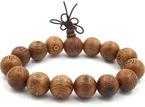 Thajaling Perla de Mala Pulsera Buda Budista Buda Oración Meditación Elástica 15mm Grandes Perlas de Sándalo Hombre Pulsera, 10 pouces, Madera, sin piedra