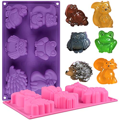 MoldFun Lot de 2 moules à gâteau en silicone en forme d'animal de safari, motif animal de la forêt, grenouille, renard, tortue, hérisson, chouette, écureuil, chocolat, bonbons, savon, crayon, moule à