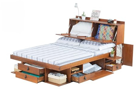 Bett mit Stauraum 140x200 + Funktions-Kopfteil + Lattenrost: Set Bali Karamell. Doppelbett und Kopfteil aus massiv Holz Kiefer mit viel Stauraum und Bettkasten, ideal f. kleine Schlafzimmer