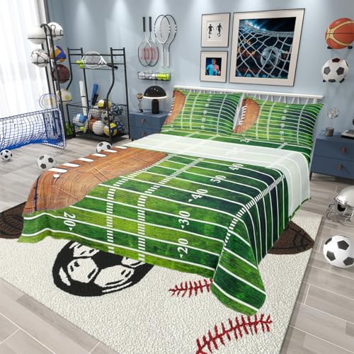 American Sport Football Bed Sheets Set Full for Boys Bedroom Decor,Sports Games Fitted Sheet Football Field Illustration Bedding Set 4Pcs (1 Fitted Sheet+1 Flat Sheet+2 Pillowcases),Green Brown