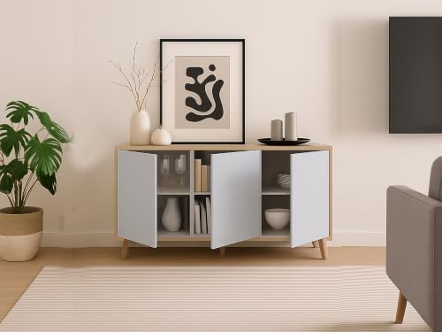 Dmora - Credenza Arvada, Buffet da cucina, Armadio di design da soggiorno, Madia moderna a 3 ante e ripiani, 154x40h75 cm, Rovere e Bianco