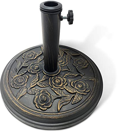 KEPLIN 12kg Cast Iron Effect Parasol Base with Floral Pattern – Heavy Duty Metal Garden Patio Furniture Stand for Umbrella, Canopy, Gazebo, Awning etc. – Diameter 45mm (12 Kg, Bronze)