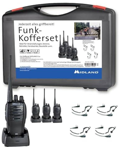 Midland G10 Pro PMR 4er Handwerker-Kofferset, C1107.S2, PMR446-Funkgeräte,16 vorprogrammierte Kanäle, mit MA21-LK Security Headsets inkl. Einzel-Standlader und 1200 mAh Li-Ion Akku, Gürtelclip
