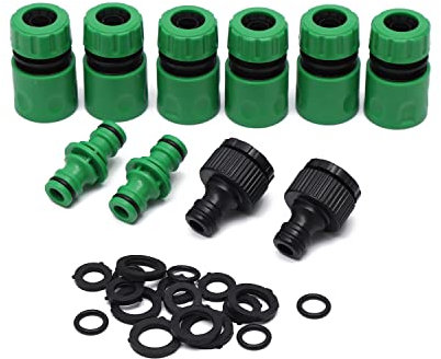 LINZI Garden Hose Water Tap Connector Fitting Kit + 6 Hose End Quick Connectors + 2 Double Male Snap Connectors + 2 Hose Tap Connector + 5 Hose Washers 1/2 + 5 Hose Washers 3/4 +5 O-Rings