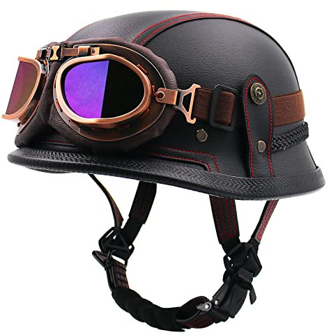 HZIH Portatile Mezzi Caschi Jet retrò Casco Scodella Moto Casco con Occhiali,Classic Jet Aperto Caschi,Scooter Caschi Scodella Motorino Mezzo Casco DOT/ECE Certificazione A,L=59-60cm