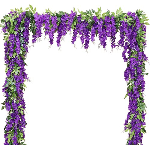 dallisten Wisteria Artificial Flowers Garland, 2Pcs 7.2Ft/Piece Silk Fake Wisteria Vine Kit, Hanging Flower for House Outdoor Garden Ceremony Outside Wedding Arch Floral Decor (2, Purple)