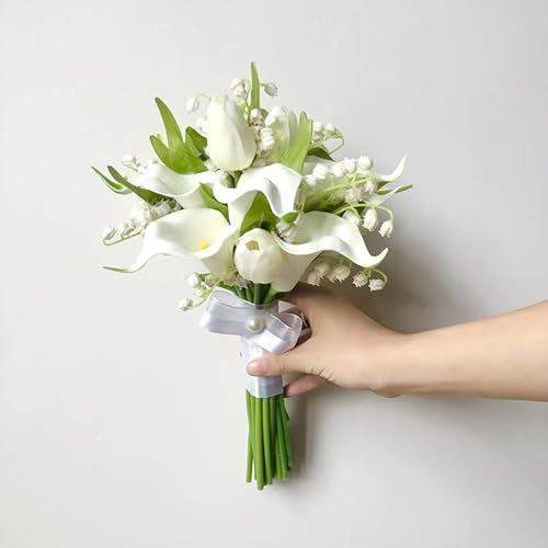 HXSCOO Weiße Calla Maiglöckchen Tulpe Kleiner Strauß Brautstrauß
