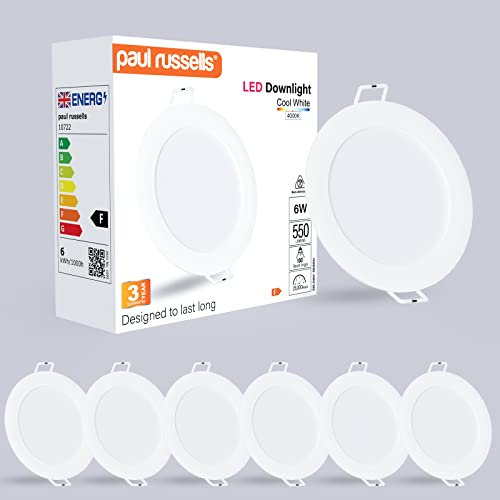 paul russells LED Ceiling Downlights, 6W Slim Recessed Bathroom Downlights, Kitchen Ceilings, 550 Lumens, 4000K Cool/Natural White, Cutout 85-95mm, Round Non-Dimmable Panel Spotlights, 6 Pack