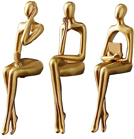 iFCOW Denker Statue, 3 Stück Gold Denker Figur Abstrakte Kunst Skulptur Sitzender Denker Statue für Home Office Bücherregal Dekor
