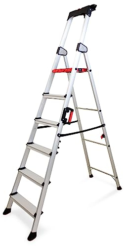 KELI - Échelle Pliable, Escabeau, Marchepied, Aluminium Robuste, Qualité Professionnelle, Poignée de Transport, Porte Outils ABS Dépliable… (6 MARCHES)