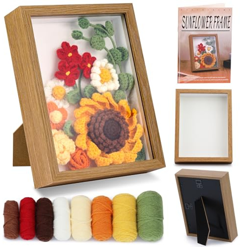IMZAY Sunflower Crochet Kit with Photo Frame, Sunflower Knitting Weaving Set with Yarn, Hooks, Instruction, Stitching Markers, Fiber Fill, Floral Wire, Crochet Set for Mother's Day, Thanksgiving Day