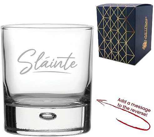 Personalised Engraved Novelty Whisky Glass Tumbler with Slainte Script Design, Add a Personalised Message to the Reverse Gift Box Included, Laser Engraved, Gift for Dad Grandad Uncle Friend Colleague