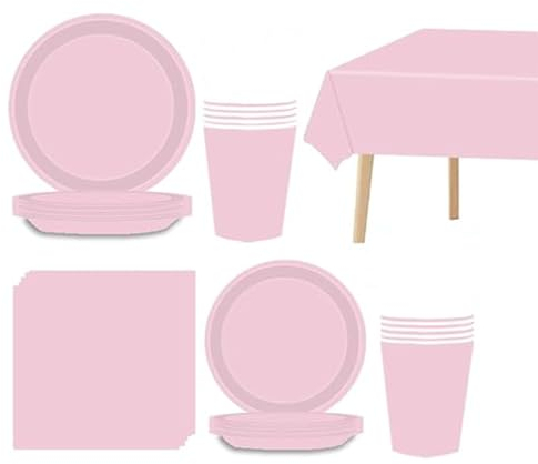 69 piezas Rosa Platos Desechable Juego de Vajilla Desechable Decoración Cumpleaños Fiesta,Platos Servilletas Copa de Papel y Mantel,para Bodas,Picnics,Baby Shower,Biodegradable,Compostables