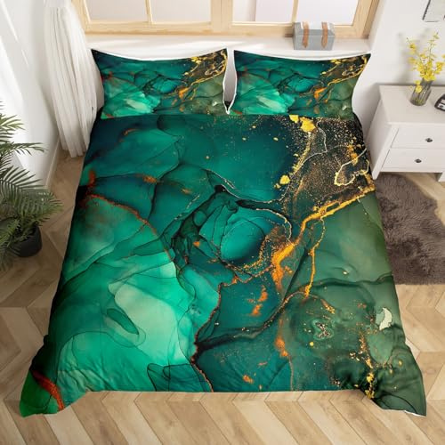 Homewish Housse de Couette 220x240 Marbrée Vert Foncé, Ensemble de Lit Aqua Turqoise, Housse Couette Géométrie Abstraite, Ensemble de Literie À Paillettes Métalliques Dorées, Couvre-Lit Imprimée