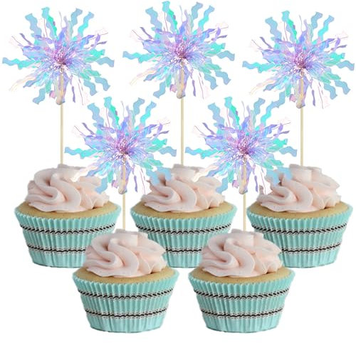 Gyufise 20Pcs Foil Firework Cupcake Toppers Happy Birthday Cake Toppers Sparkle Tinsel Flower Drink Stirrers Cocktail Food Fruit Toothpicks for Valentine's Day Party Supplies Light Blue