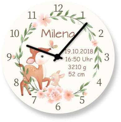 Personalisierte Wanduhr Reh mit Geburtsdatum Tiere Baby Geburt Taufe Uhr 25 cm Babygeschenk