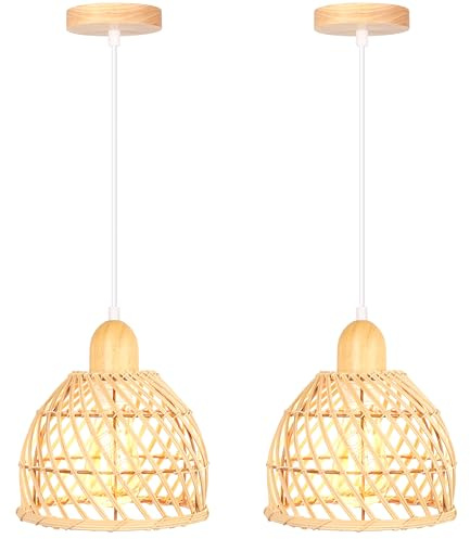 iDEGU 2 Stück Pendelleuchte Moderne Spirale Design Hängelampe aus Holz Bambus Lampenschirm E27 Vintage Lampe Industrielle Hängeleuchte für Schlafzimmer Wohnzimmer Küche Esszimmer (20cm)