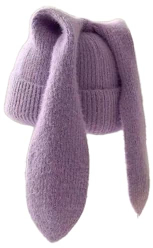 Whakano Mütze Damen mit Hasenohren,Warme Strickmütze,Elastisches und Weichem Beanie Mütze Winterhüte,Lustige Mütze,Beanie für Damen & Herren,Einheitsgröße,Mütze für Herbst und Winter,Lila