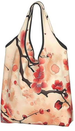 JKSEEPYN Faltbare Einkaufstasche, japanisches Pflaumenmuster, wiederverwendbar, waschbar, Schultertasche, Einkaufstasche, Alltagstasche, Schwarz , Einheitsgröße