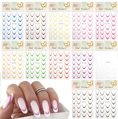 12 Stück French Tip Nagelsticker Selbstklebend Bunte French Nails Schablone Nagelaufkleber Nail Art Stickers Nageldesign DIY Nägel Zubehör(12 Farben)
