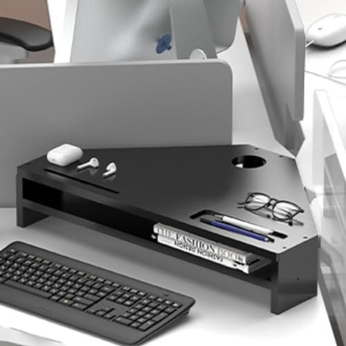 WOTZOV 2 Tier Computer Screen Stands, Black Shelf Monitor Riser with Storage & 2 Slots, Triangle Desk Organizer Storage Rack, Easy to Assemble