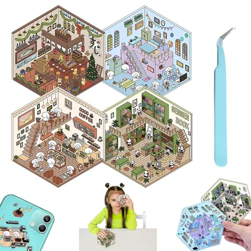 LUHOCIY 4 Stücks Crapbook Stickers, Sticker Set, 3d Sticker Scene, Wiederverwendbar, Supermarkt Kaffeehaus Buchhandlung Restaurant Landhaus Szene Stacking, Geeignet Mehrere Flache Oberflächen (1.0)