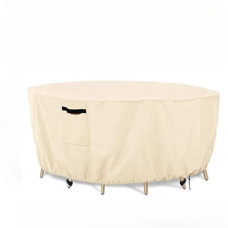 Wasserdichte runde Tischabdeckung für Gartenmöbel-Set, Beige, 230 x 110 cm, Oxford-Blockschutz vor starkem Regen und Schnee, Terrassenstuhl-Set, Staubschutz für Gartenmöbel, wasserdicht und