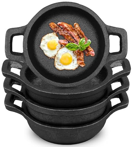 OJMHD 4 Set Mini Cast Iron Skillets for Serving, 11 cm Small Cast Iron Casserole with Handle, Shallow Oven Proof Skillet for Kitchen Eggs Gratin Tapas Curry and Meat, Black