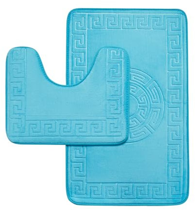GC GAVENO CAVAILIA Memory Foam Bath Mat Non Slip - Extra Soft Highly Water Absorbent Bathroom Mat Sets 2 Piece - Greek Toilet Rug (50 x 80 cm) & Pedestal Set (50 x 40 cm) - Washable - Aqua