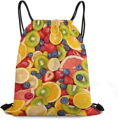 Rucksack Mit Kordelzug Früchte Erdbeeren Kiwi Turnsack Faltbar Gymnastikbeutel Unisex Stoffbeutel, Für Schule, Reisen, Strand, 36x42cm